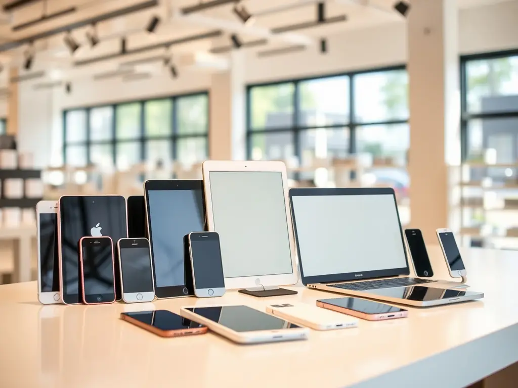 An image of colorful refurbished iPads arranged neatly, emphasizing quality and variety.